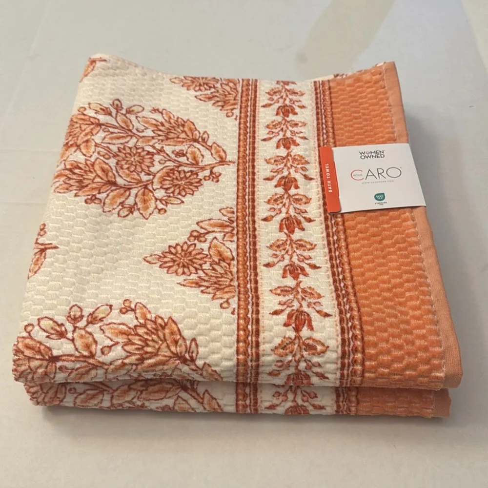 2pc CARO HOME 100% Cotton Printed Velour Bath Towel Set - Coral/Rust/Cream